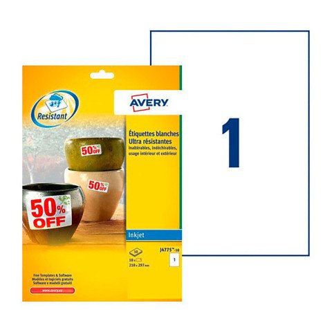 Etiquetas poliéster Inkjet 210 x 297 resistentes a intemperie -20 a 80 grados irrompible Avery J4775
