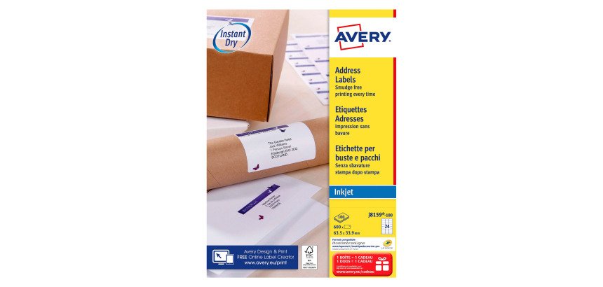 Etiquettes adresses jet d'encre 63,5 x 33,9 mm Avery J8159-100 - Boîte de 2400