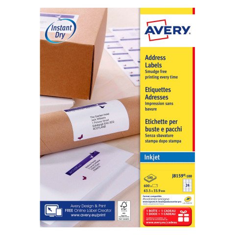 Etiqueta dirección impresora inkjet 63,5 x 33,9 mm Avery J8159-100 blanca - Caja de 2400