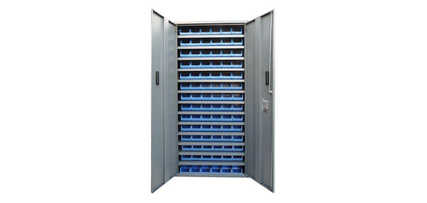 Armoire à bacs avec portes en plastique bleus - 84 bacs