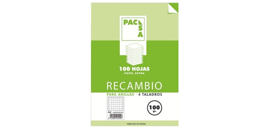 Recambio para carpeta de anillas 100 hojas 4x4 A4 Pacsa
