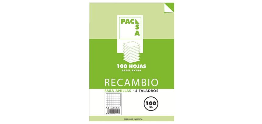 Recambio para carpeta de anillas 100 hojas 4x4 A4 Pacsa