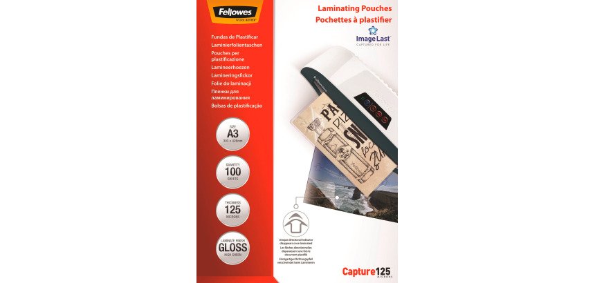 Paquete de 100 fundas de plastificación térmica A3 125 micras Fellowes Glossy