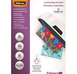 Paquete de 100 fundas de plastificación térmica A3 80 micras Fellowes Glossy