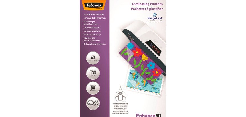 Paquete de 100 fundas de plastificación térmica A3 80 micras Fellowes Glossy