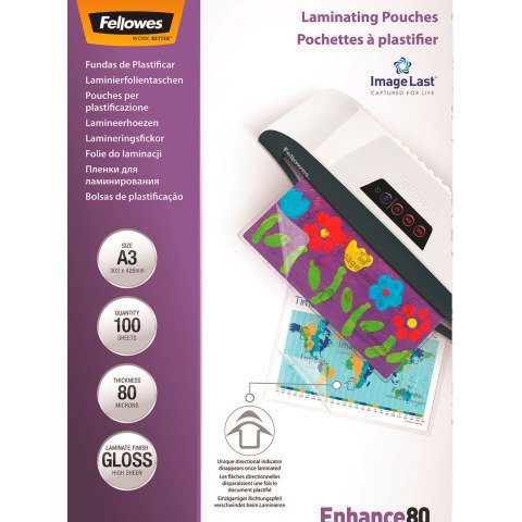 Paquete de 100 fundas de plastificación térmica A3 80 micras Fellowes Glossy