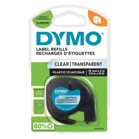 Cinta para Letratag plástico escritura negra, fondo transparente Ref. Dymo 12267