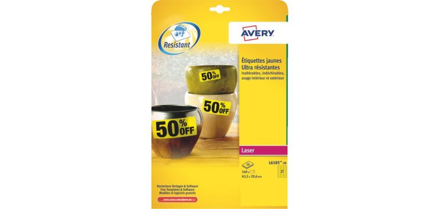 Etiquette ultra résistante laser 63.5 x 29.6 mm Avery L6105-20 jaune - Pochette de 540