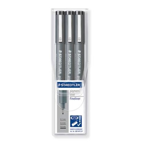 Blíster de 3 Rotuladores calibrados Pigment Liner Staedtler 0,2 mm, 0,4 mm y 0,8 mm