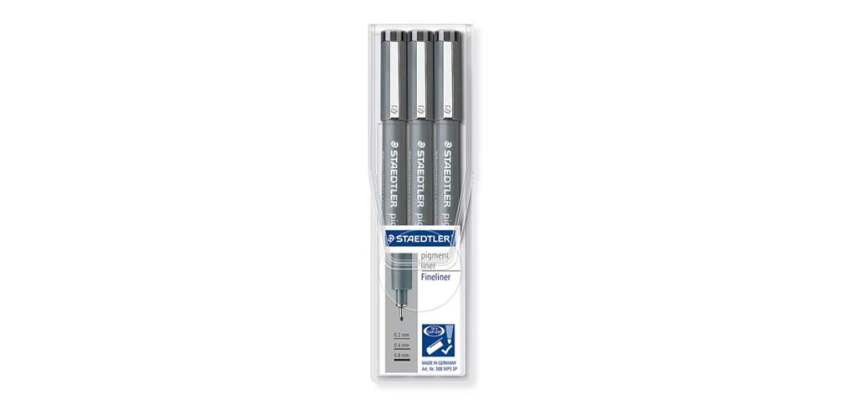 Blíster de 3 Rotuladores calibrados Pigment Liner Staedtler 0,2 mm, 0,4 mm y 0,8 mm