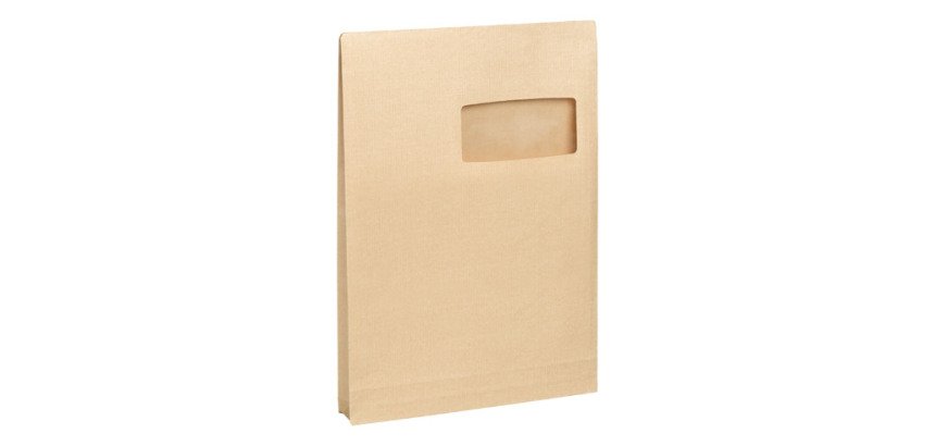 Pochette à soufflets 3 cm kraft brun armé 229 x 324 mm Bruneau 120 g avec fenêtre 50 x 105 mm - Boîte de 50