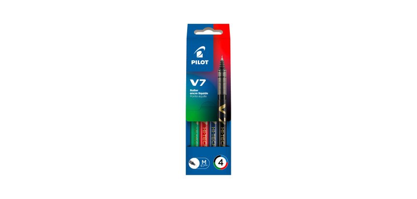 Stylo roller Pilot Hi-tecpoint V7 couleurs assorties 0,7 mm - Pochette de 4