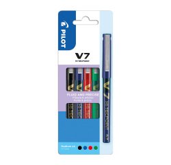 Stylo roller Pilot Hi-tecpoint V7 couleurs assorties 0,7 mm - Pochette de 4