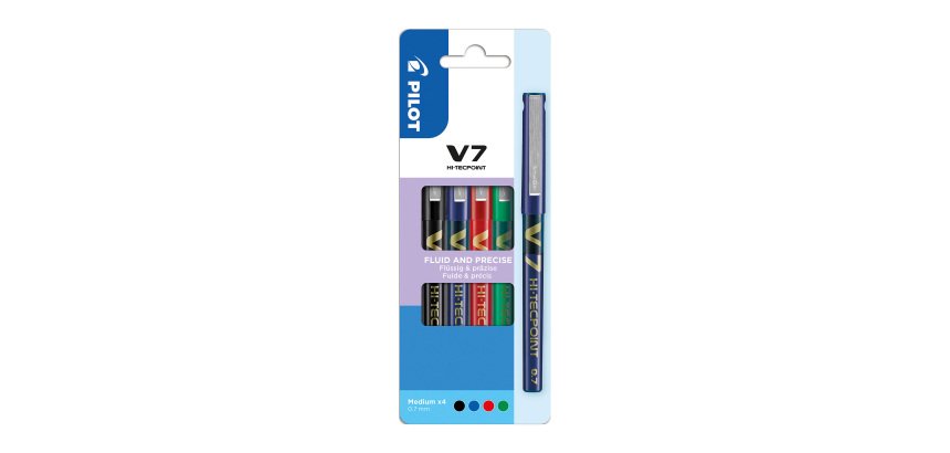Roller pen Pilot Hi-tecpoint V7 medium writing - sleeve of 4 classic colors 