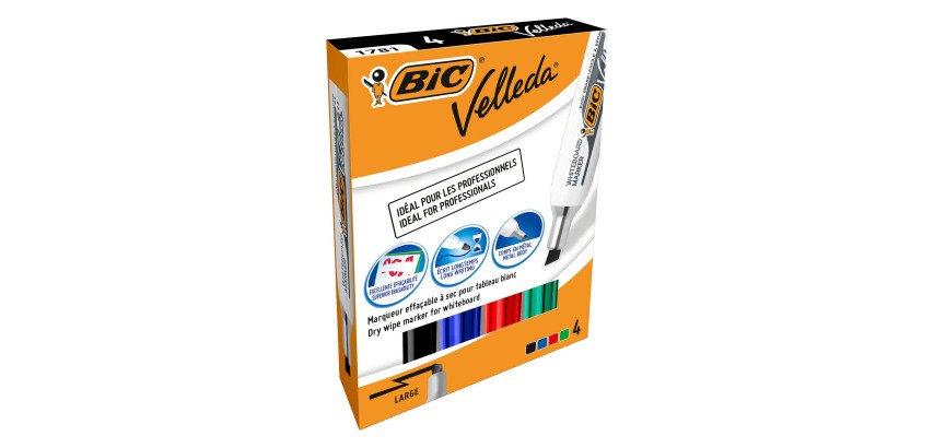 Marqueur effaçable Bic Velleda 1781 pointe biseautée 3 mm - Pochette de 4 couleurs assorties