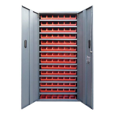 Cupboard with swinging doors in plastic 84 boxes red