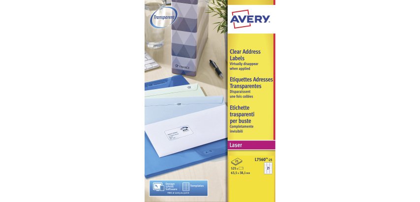 Etiquette adresse laser 63,5 x 38,1 mm Avery L7560-25 transparente - Pochette de 525