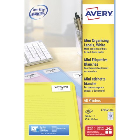 Etiqueta dirección láser 45,7 x 16,9 mm Avery L7652-100 blanca - Caja de 6400