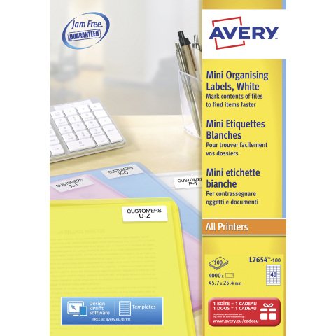 Etiqueta dirección láser 45,7 x 25,4 mm Avery L7654-100 blanca - Caja de 4000