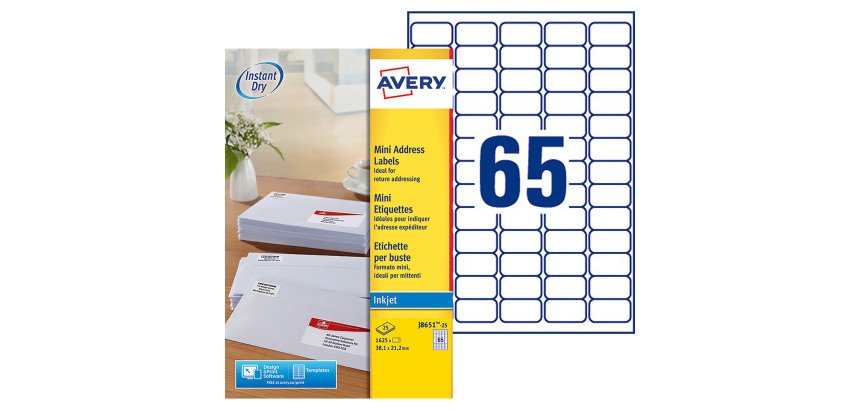 Etiqueta dirección impresora inkjet 38,1 x 21,2 mm Avery J8651-25 blanca - Caja de 1625