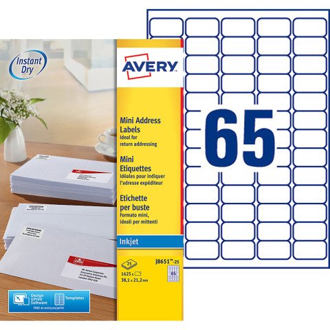Etiqueta dirección impresora inkjet 38,1 x 21,2 mm Avery J8651-25 blanca - Caja de 1625