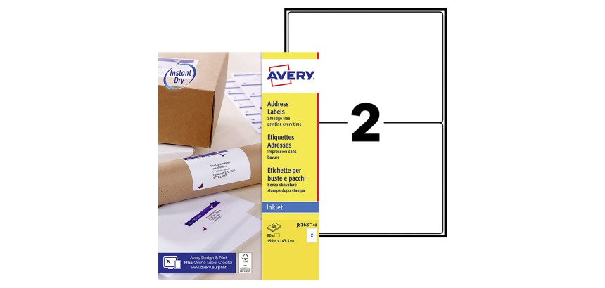 Etiquettes adresses jet d'encre 199,6 x 143,5 mm Avery J8168-40 - Pochette de 80