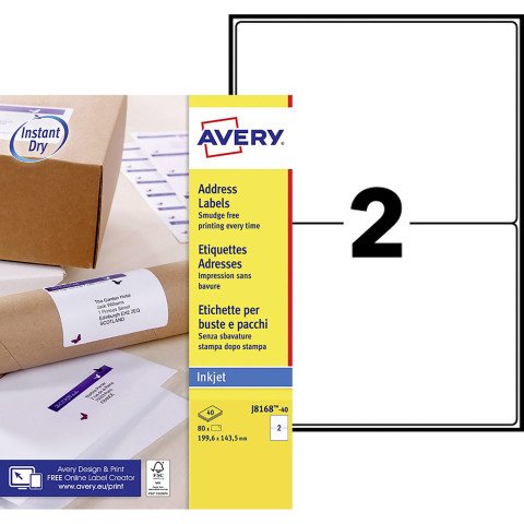 Etiqueta dirección impresora inkjet 199,6 x 143,5 mm Avery J8168-40 blanca - Caja de 80
