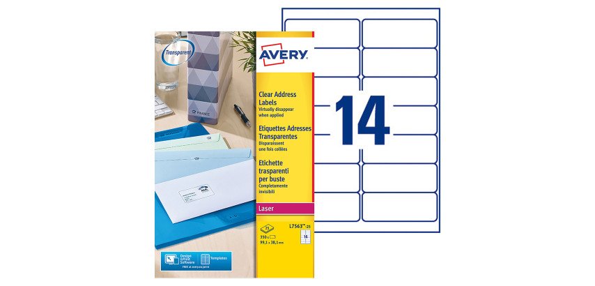 Etiquette adresse laser 99,1 x 38,1 mm Avery L7563-25 transparente - Pochette de 350