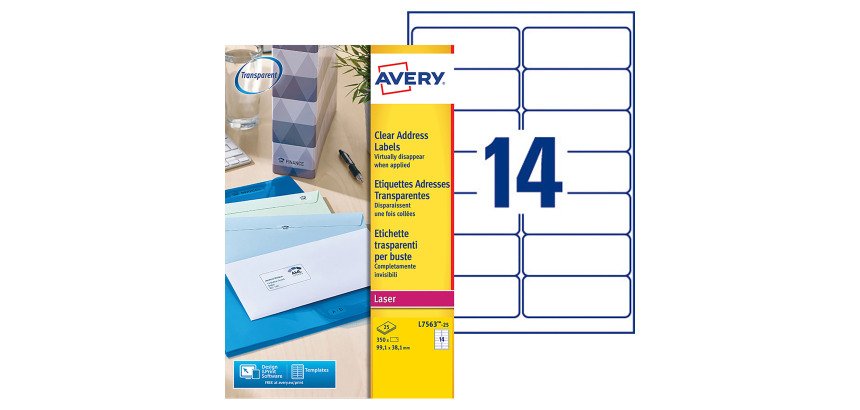Etiquette adresse laser 99,1 x 38,1 mm Avery L7563-25 transparente - Pochette de 350