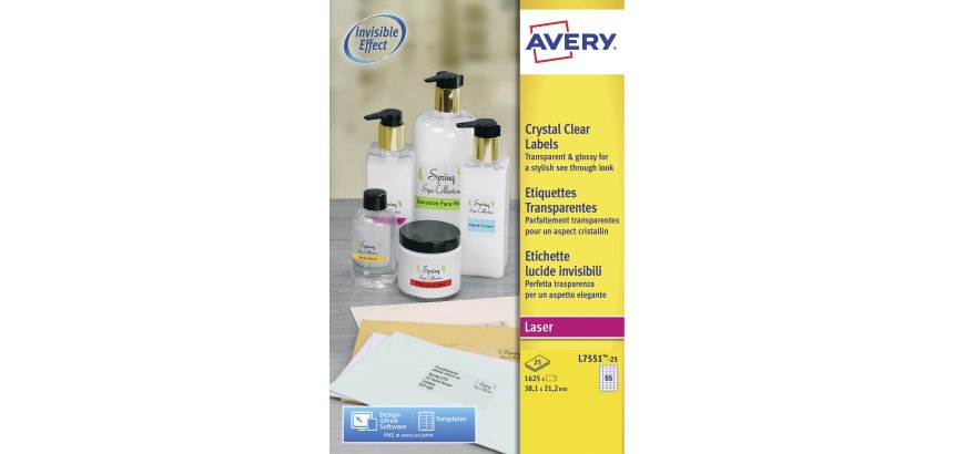 Etiquettes adresses laser 38,1 x 21,2 mm Avery L7551-25- transparentes - Pochette de 1625