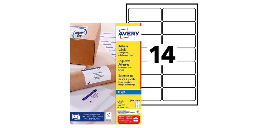 Etiquettes adresses jet d'encre 99,1 x 38,1 mm Avery J8163-100 - Boîte de 1400