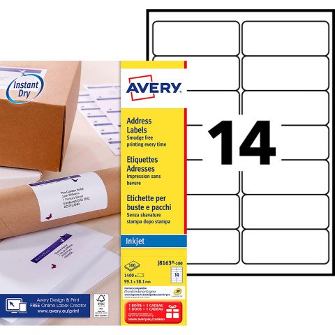 Etiqueta dirección impresora inkjet 99,1 x 38,1 mm Avery J8163-100 blanca - Caja de 1400