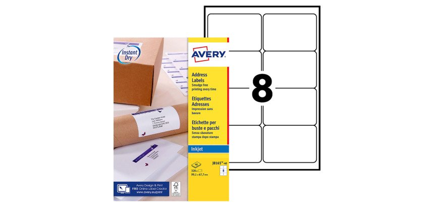 Etiquettes adresses jet d'encre 99,1 x 67,7 mm Avery J8165-40 - Pochette de 320
