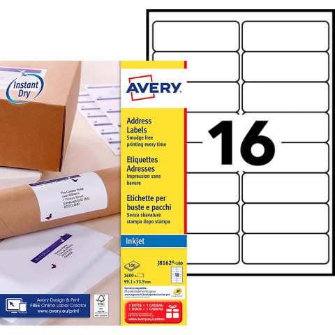Etiqueta dirección impresora inkjet 99,1 x 33,9 mm Avery J8162-100 blanca - Caja de 1600