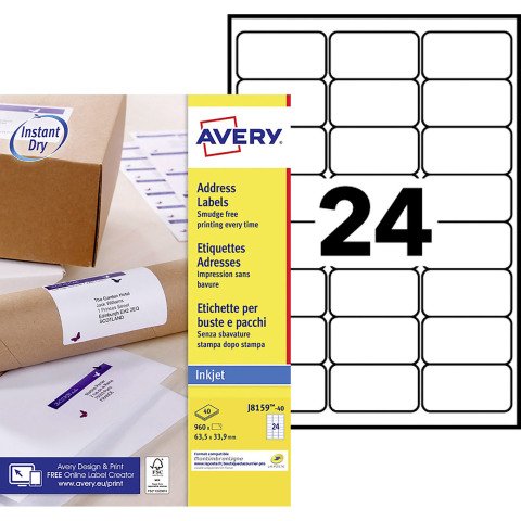 Etiqueta dirección impresora inkjet 63,5 x 33,9 mm Avery J8159-40 blanca - Caja de 960
