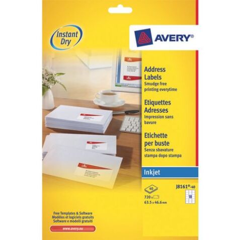 Etiquettes adresses jet d'encre 63,5 x 38,1 mm Avery J8160-40 - Pochette de 840