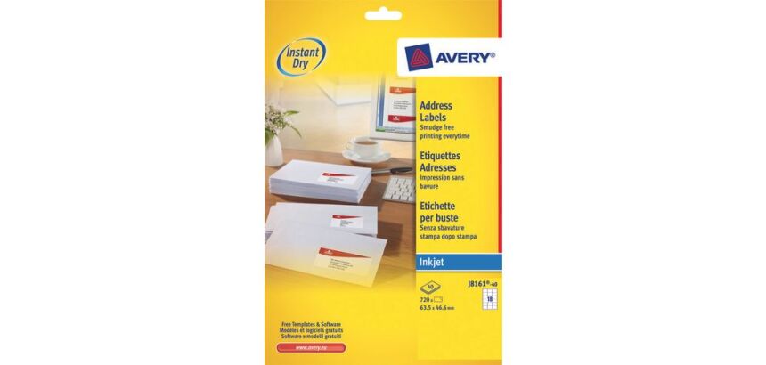 Etiquettes adresses jet d'encre 63,5 x 38,1 mm Avery J8160-40 - Pochette de 840