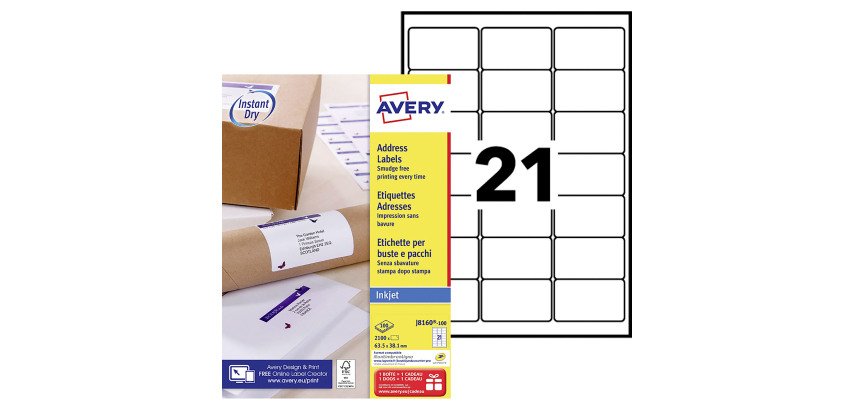 Etiqueta dirección impresora inkjet 63,5 x 38,1 mm Avery J8160-100 blanca - Caja de 2100
