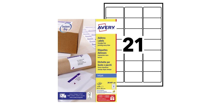 Etiquettes adresses jet d'encre 63,5 x 38,1 mm Avery J8160-100 - Pochette de 2100