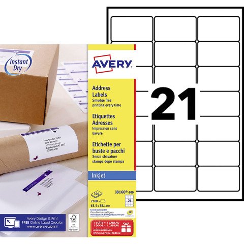 Etiqueta dirección impresora inkjet 63,5 x 38,1 mm Avery J8160-100 blanca - Caja de 2100