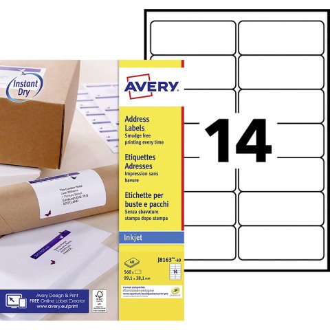 Etiqueta dirección impresora inkjet 99,1 x 38,1 mm Avery J8163-40 blanca - Caja de 560