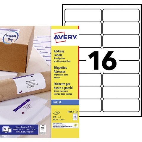 Etiqueta dirección impresora inkjet 99,1 x 33,9 mm Avery J8162-40 blanca - Caja de 640