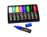 Markers Uni Ball Posca geassorteerde kleuren schuine punt 8 mm - Doos van 8 markers