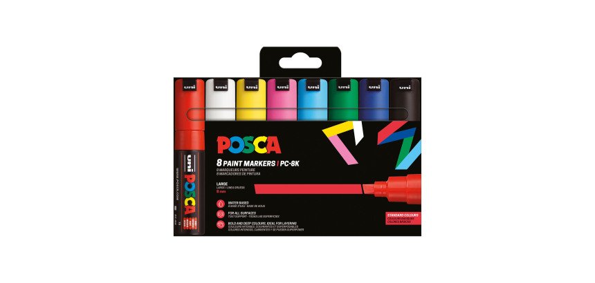 Marqueur Uni Ball Posca couleurs assorties pointe biseautée 8 mm - Boîte de 8