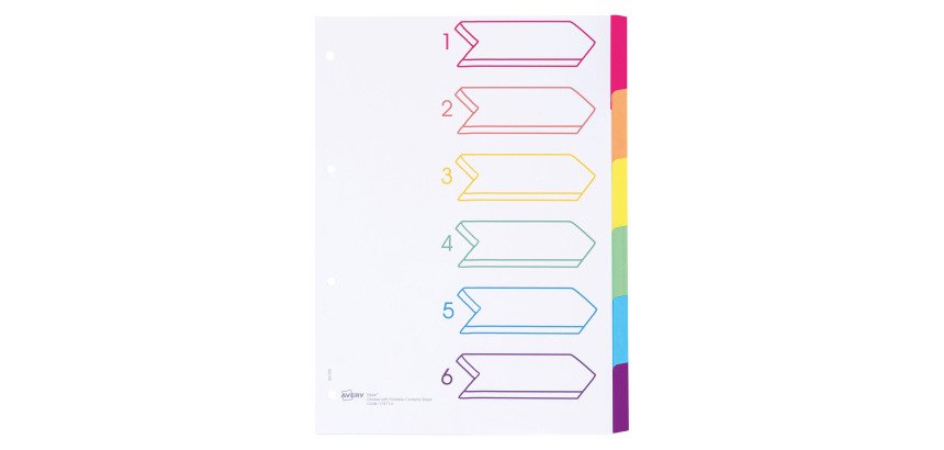 Intercalaire neutre A4+ Avery carton 6 onglets multicolores - 1 jeu