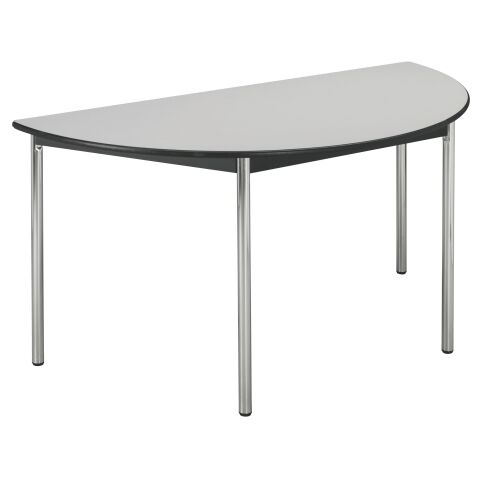 Mesa multiforma Confort. Semirredondo diámetro 140 cm. Patas cromadas/Tablero gris.