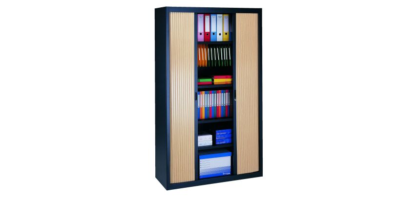 Metallschrank mit Jalousietüren, zerlegbar, Dekor