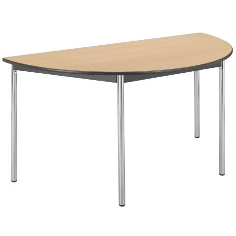 Mesa multiforma Confort. Semirredondo diámetro 140 cm. Patas cromadas/Tablero haya.