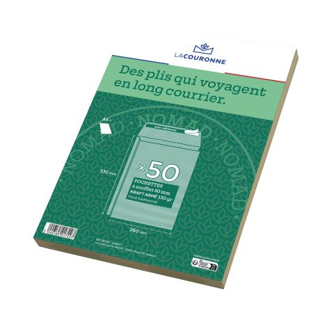 La Couronne - Pochette à soufflets 5 cm kraft brun armé 260 x 330 mm 130 g sans fenêtre - Paquet de 50