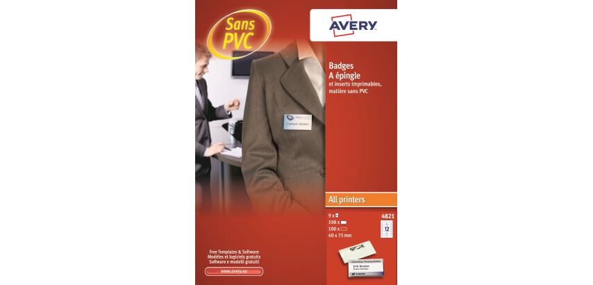 Badge Avery with safety-pin Avery 40 x 75 mm - box of 100